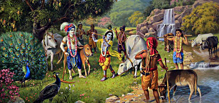 lord krishna with friends and cows
